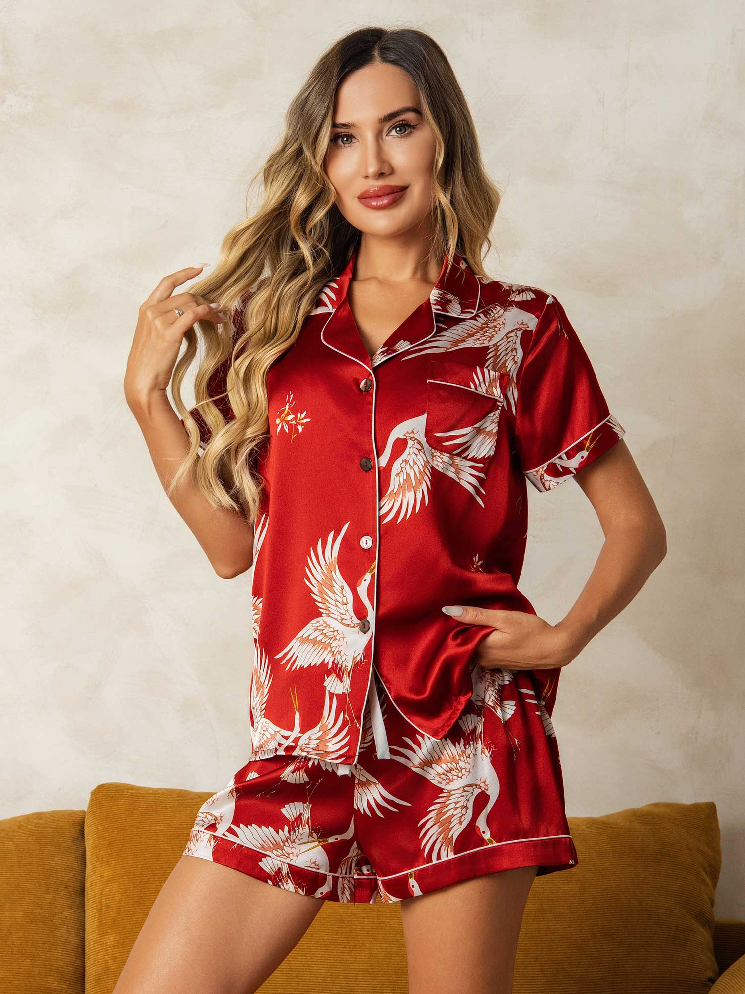 [Dark Red] SilkSilky-UK 19Momme Pure Silk Short Sleeve Notch Collar Women's Pyjamas 005