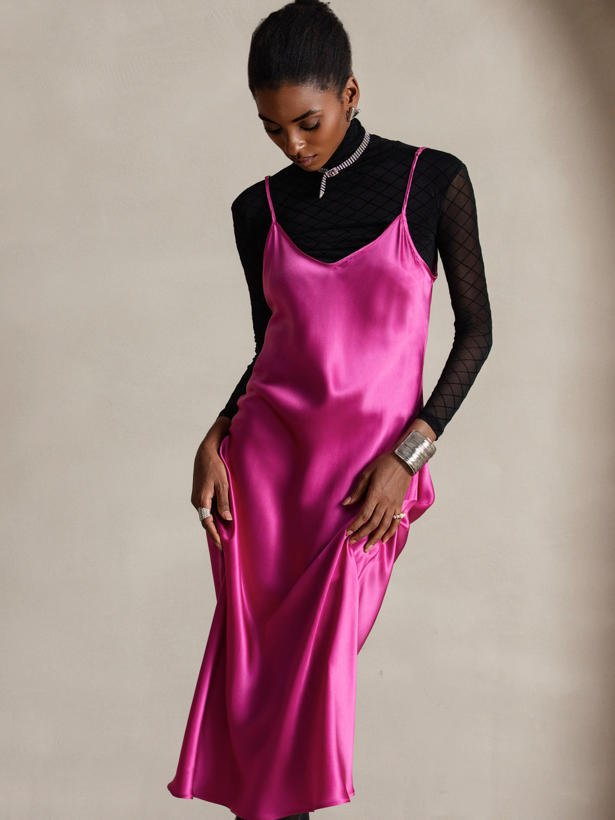 [Rose Red] SilkSilky-UK Spaghetti Strap V Neck Dress 005