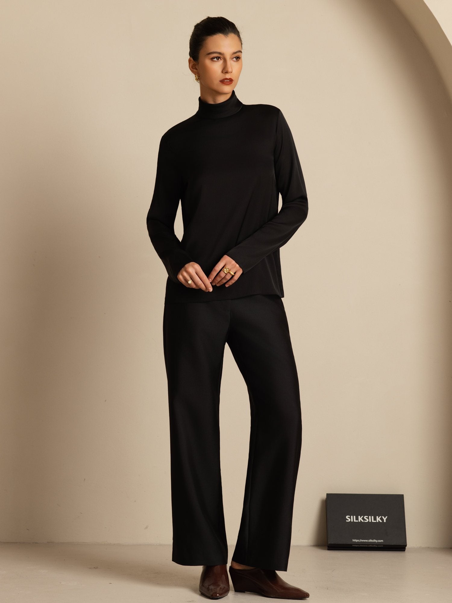 [Black] SilkSilky-UK 19Momme Silk Long Sleeve Turtle Neck Women's T-Shirt 005