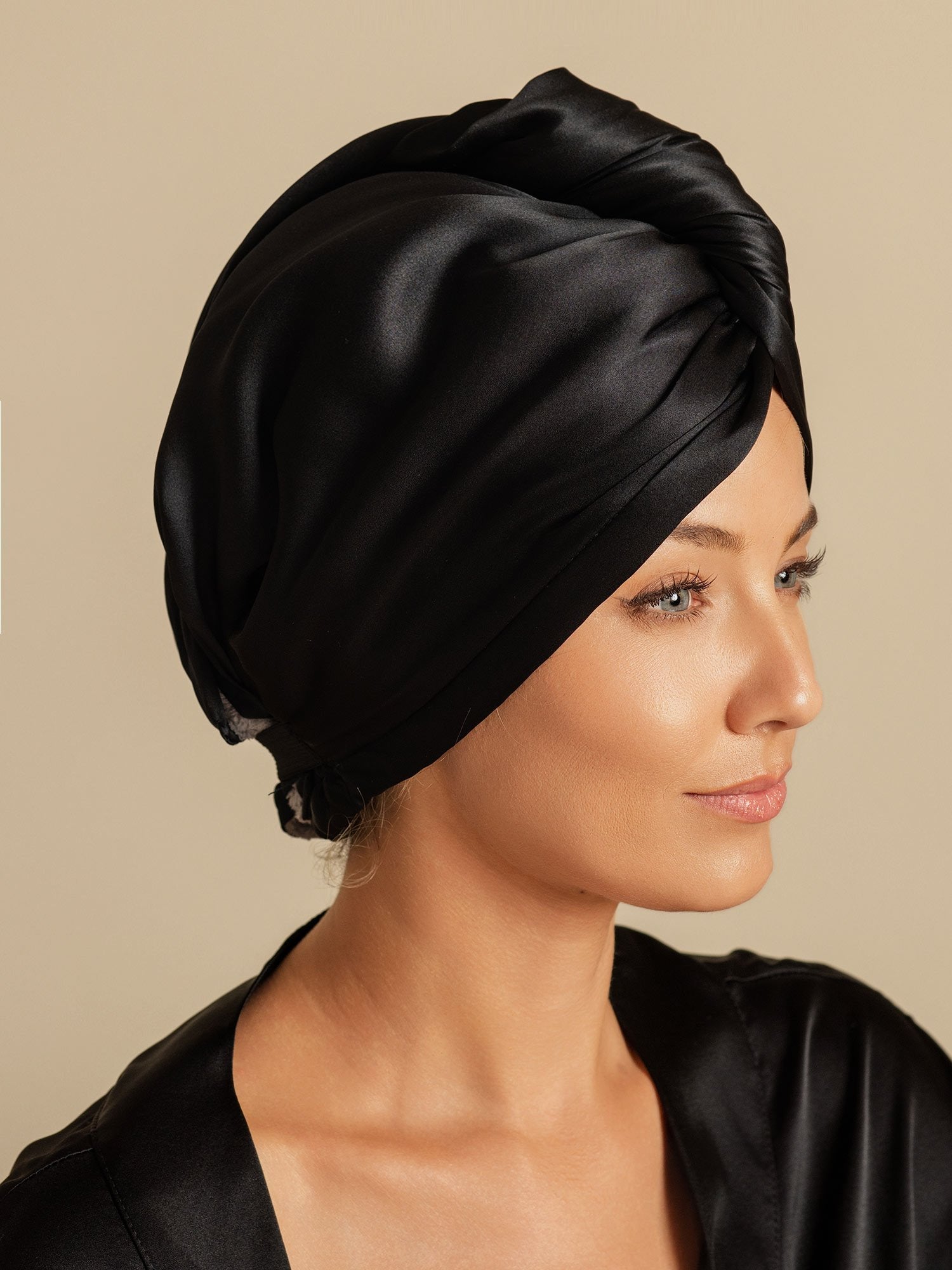 [Black] SilkSilky-UK Pure Silk Wrap Hair Towel Wrap 005,