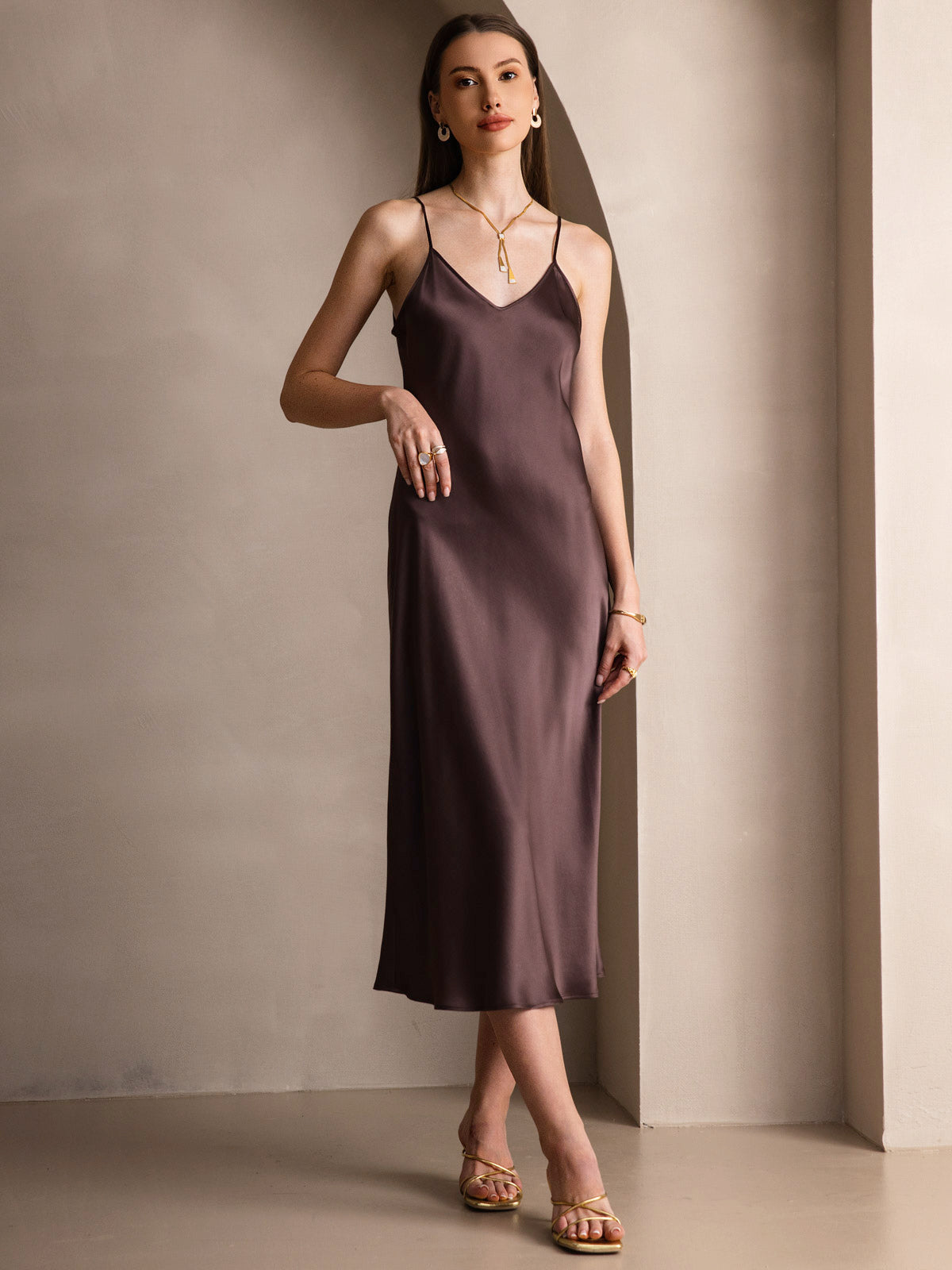 [Coffee] SilkSilky-UK Pure Silk Round Neck Dress 004