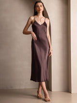 [Coffee] SilkSilky-UK Spaghetti Strap V Neck Dress 004