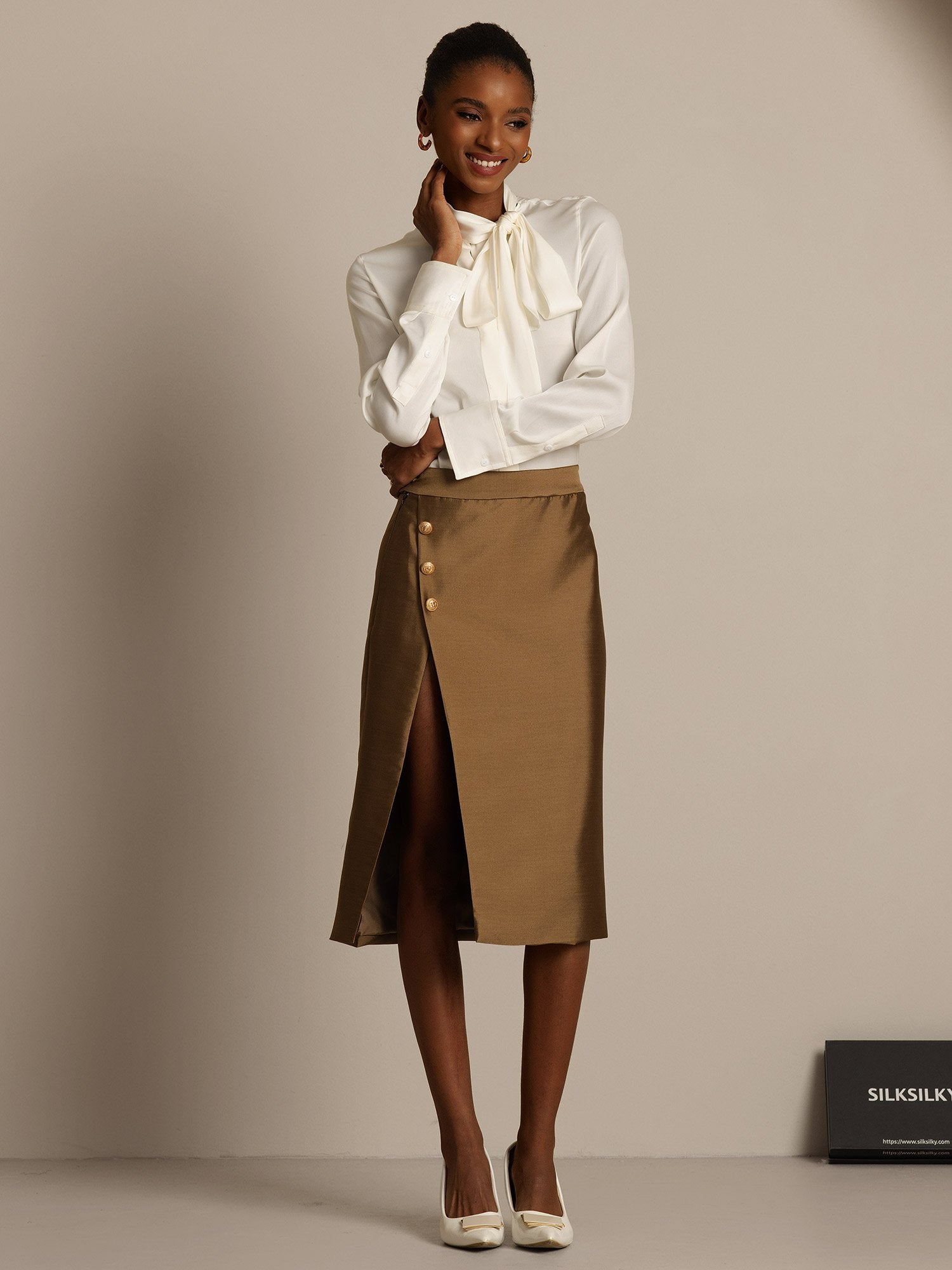 [Bronze] SilkSilky-UK 32Momme Silk-Wool Blend Split Skirt 007,