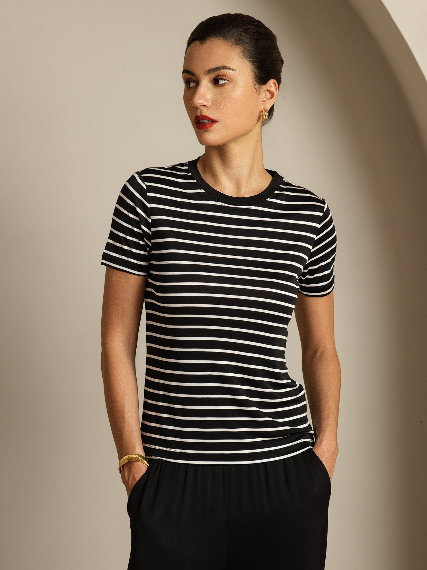 [BlackStripe] SilkSilky-UK Pure Silk Crew Women's T-Shirt 001