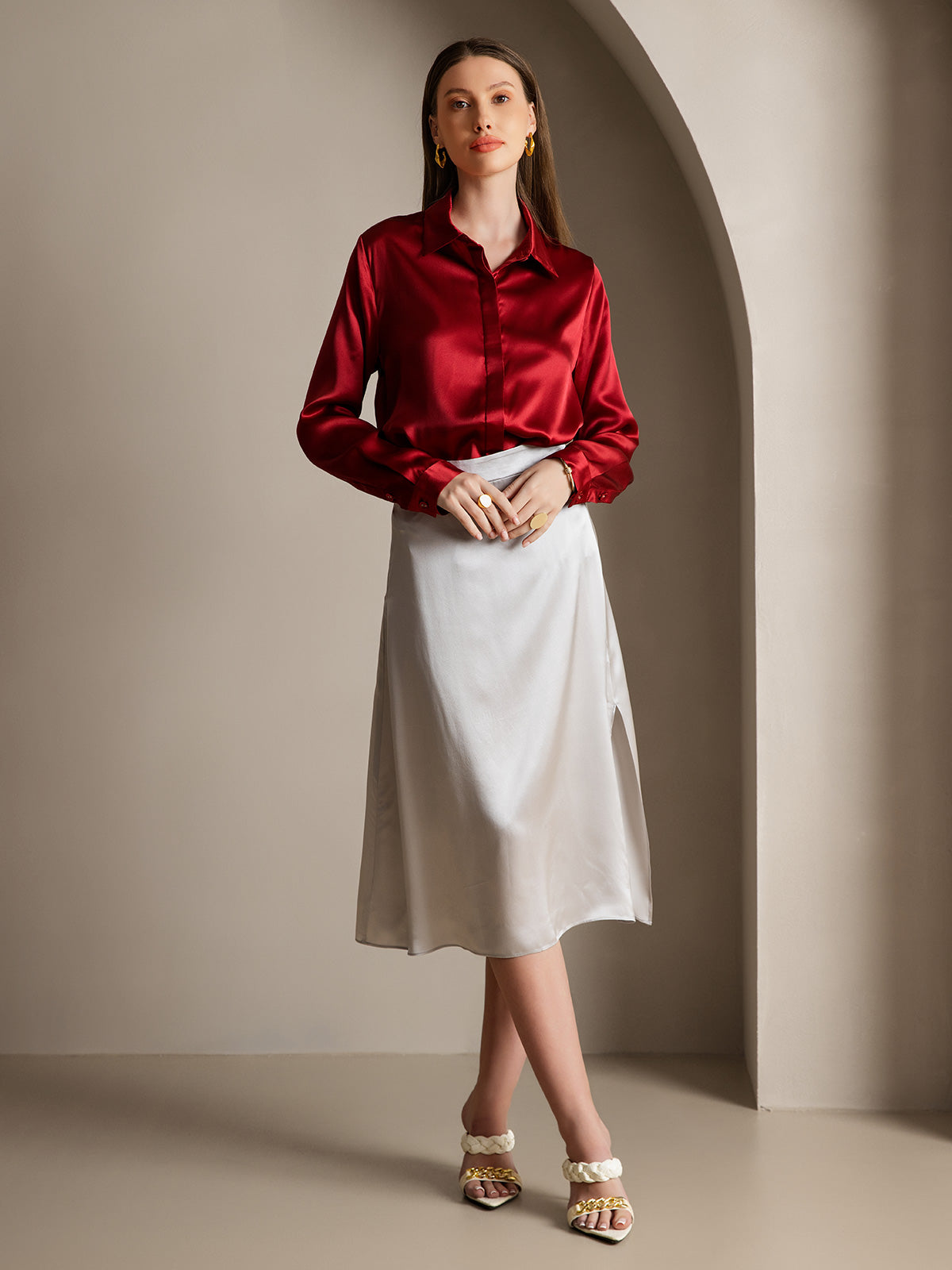 SilkSilky-UK 19Momme Silk Long Sleeve Collar Women's Shirt Wine 007