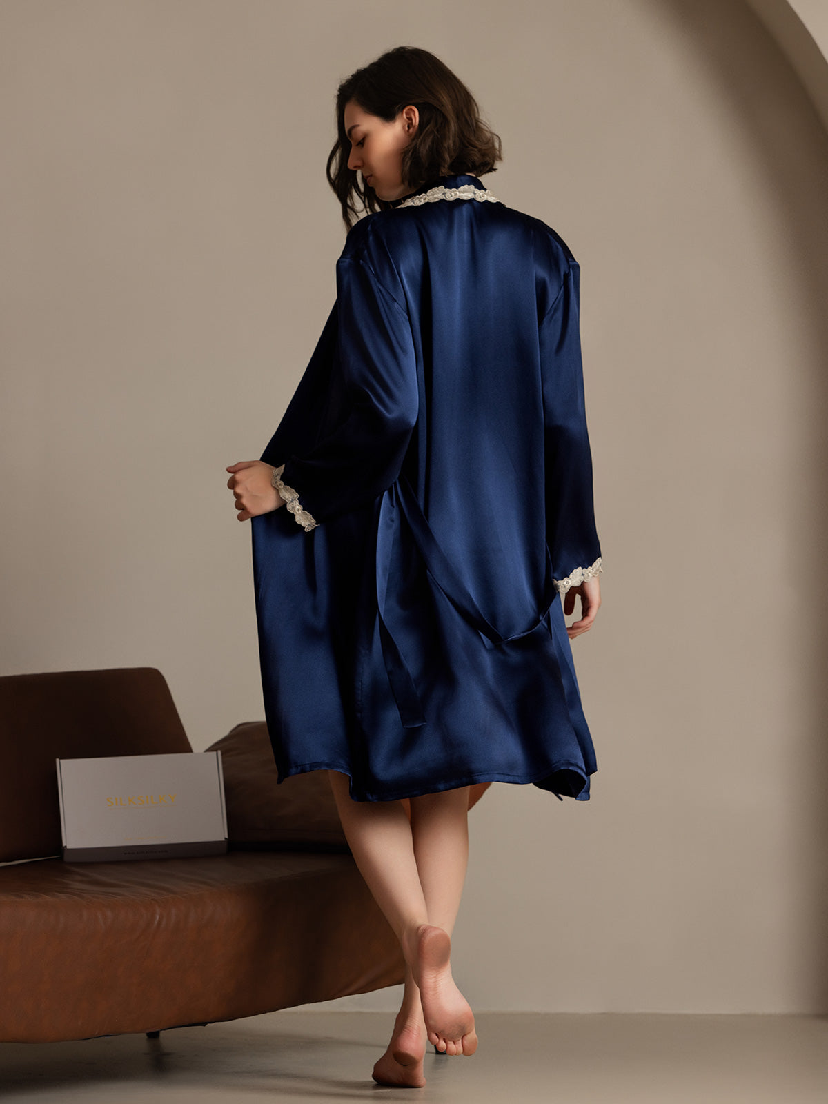 SilkSilky-UK Pure Silk Long Sleeve V Neck Women's Dressing Gown DarkBlue 002