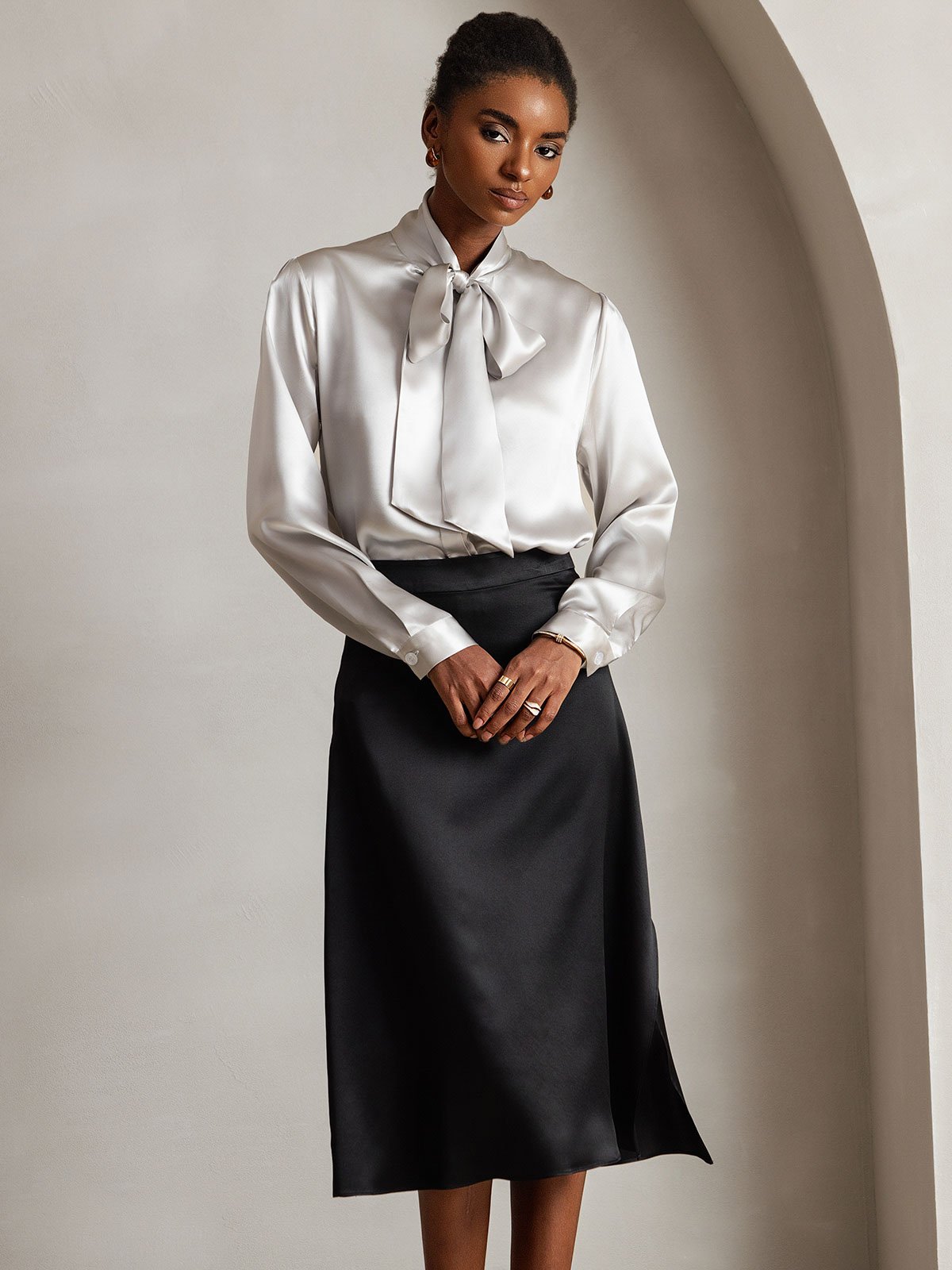 [Light Gray] SilkSilky-UK 19Momme Silk Long Sleeve Tie Neck Women's Shirt 005