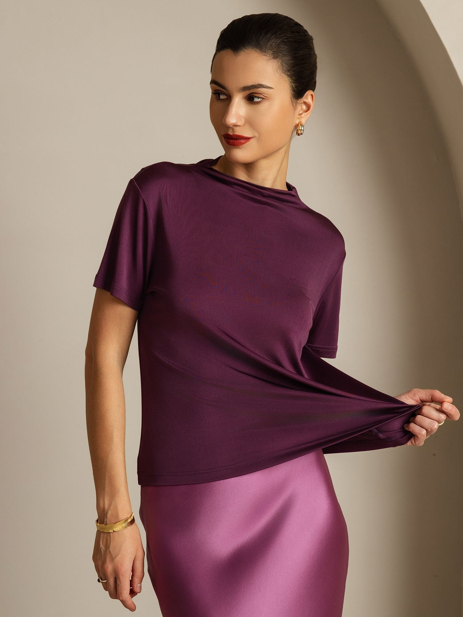 [Purple] SilkSilky-UK Pure Silk Collar Women's T-Shirt 001