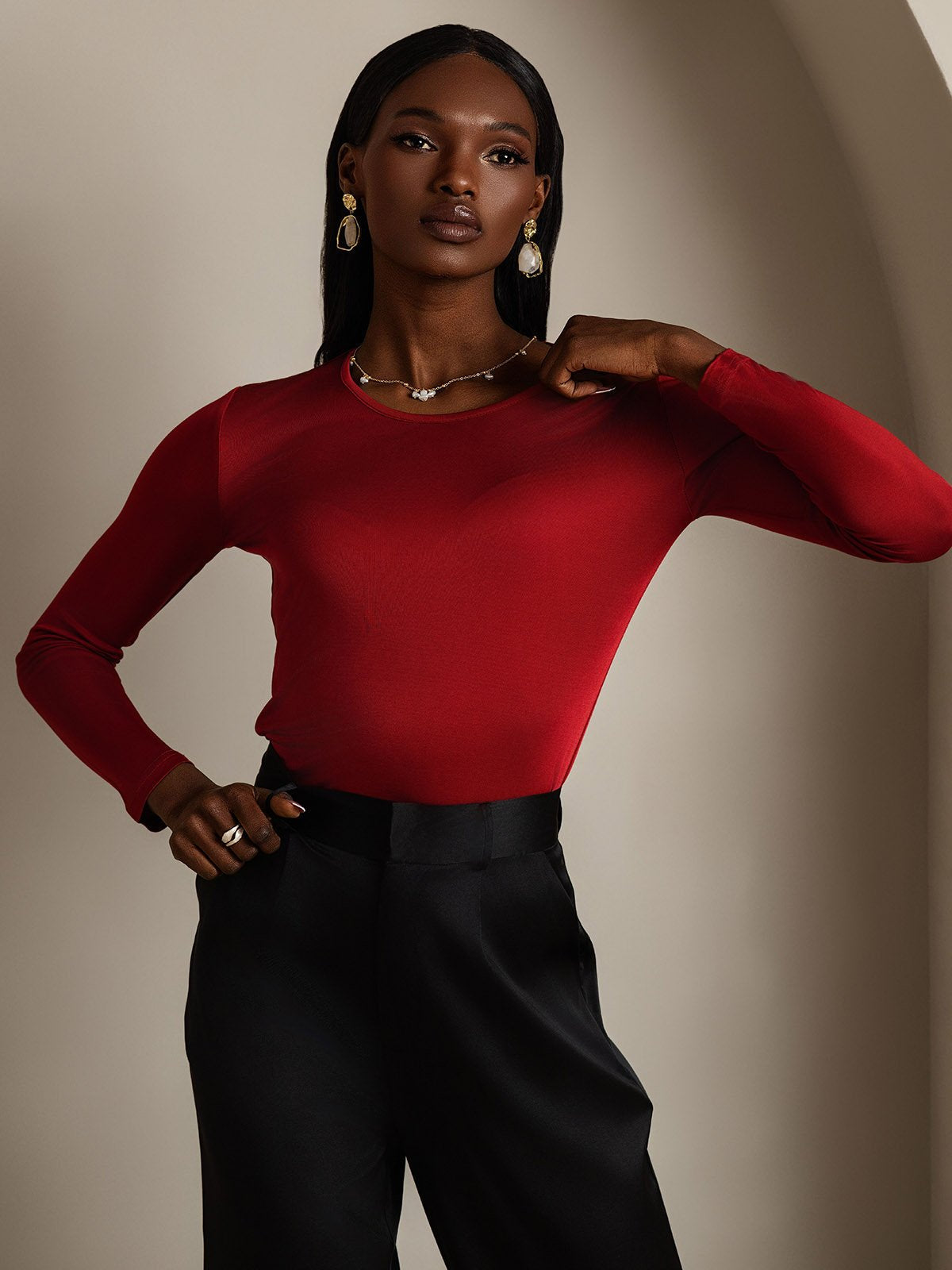 [Wine] SilkSilky-UK Silk Long Sleeve Round Neck Women's T-Shirt 004