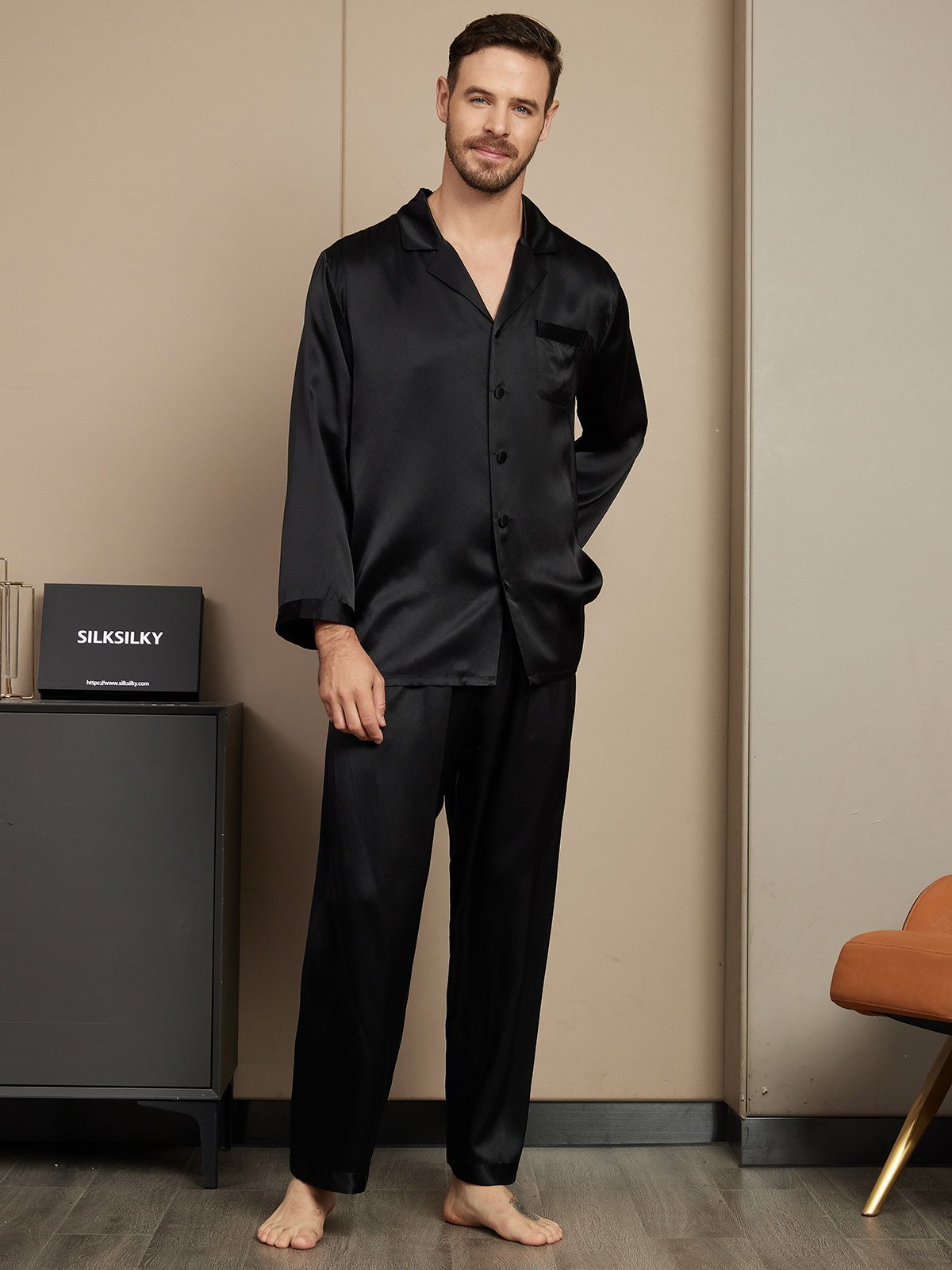 [Black] SilkSilky-UK Pure Silk Mens Pajamas 005