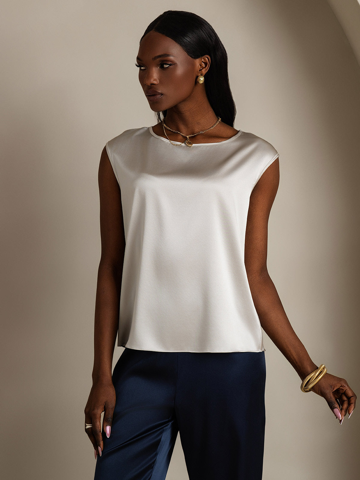 [Light Gray] SilkSilky-UK 19Momme Silk Round Neck Women's T-Shirt 004