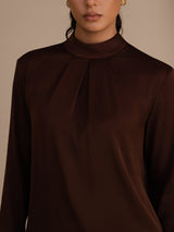 [Tan] SilkSilky-UK Long Sleeve Stand Collar Women's Blouse 005