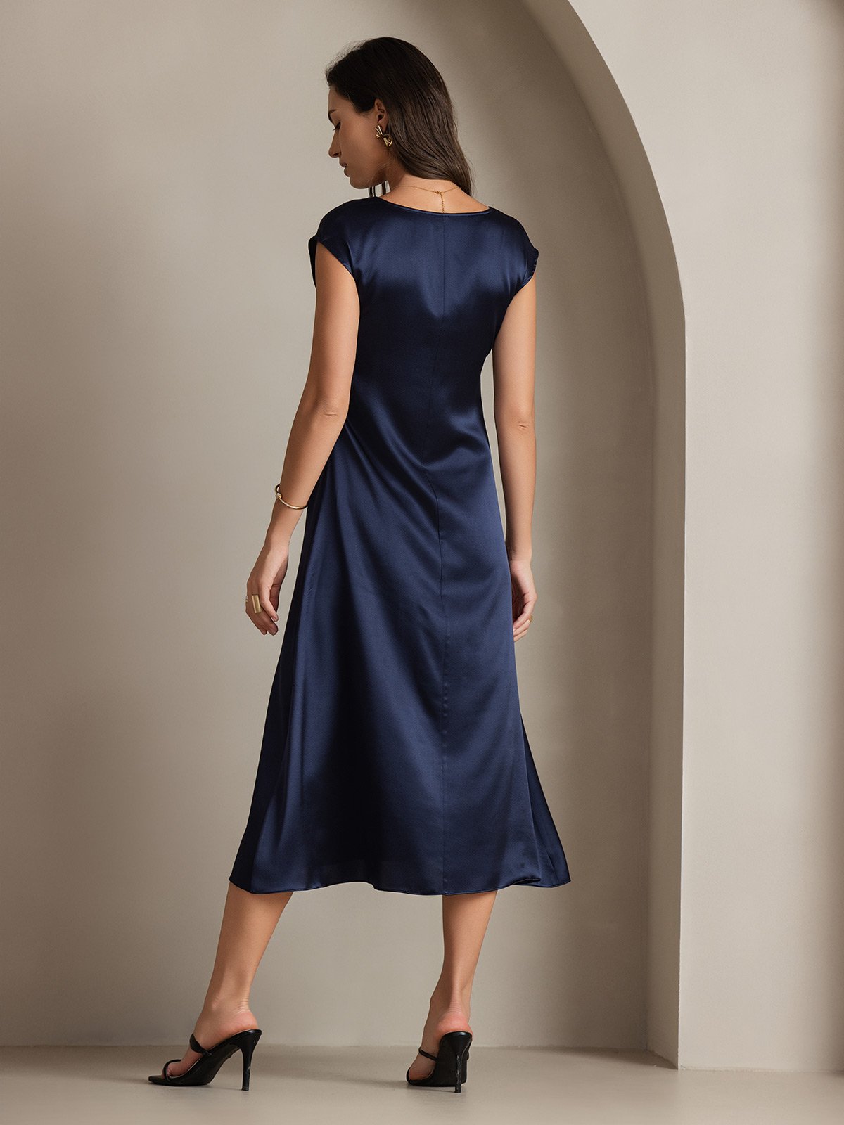 [Dark Blue] SilkSilky-UK 19Momme Silk Cap Sleeve Round Neck Dress 002