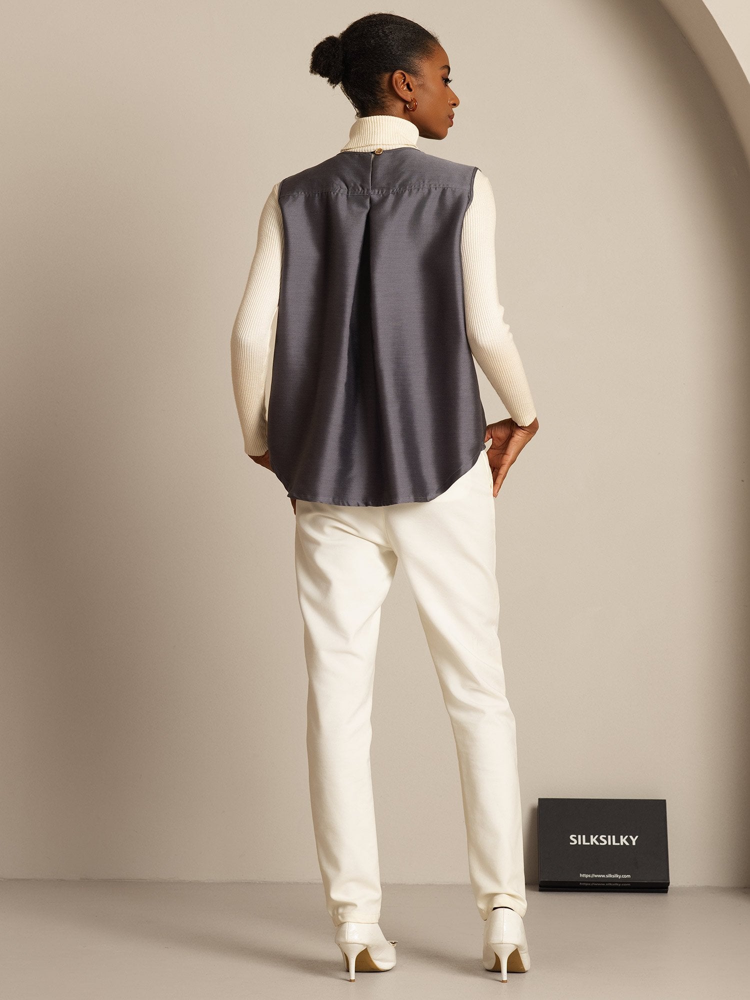 [Gray] SilkSilky-UK 32Momme Silk-Wool Blend Womens Vest 002,