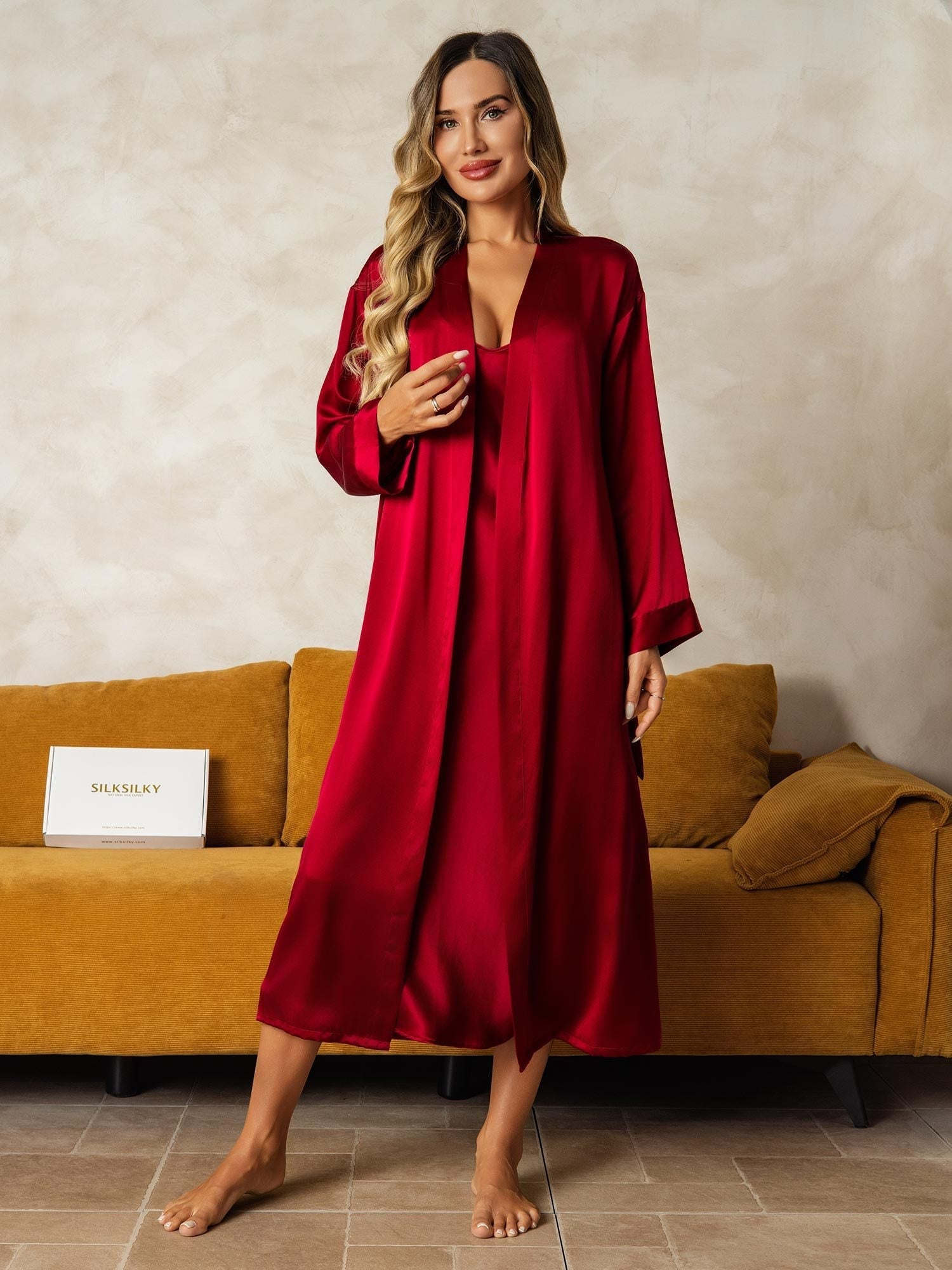 [Wine] SilkSilky-UK Long Sleeve V Neck Nightdress&Dressing gowns 006