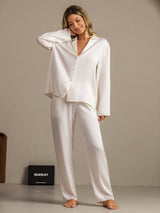 [White] SilkSilky-UK 19Momme Machine-Washable Silk Long Sleeve Notch Collar Women's Pyjamas 007