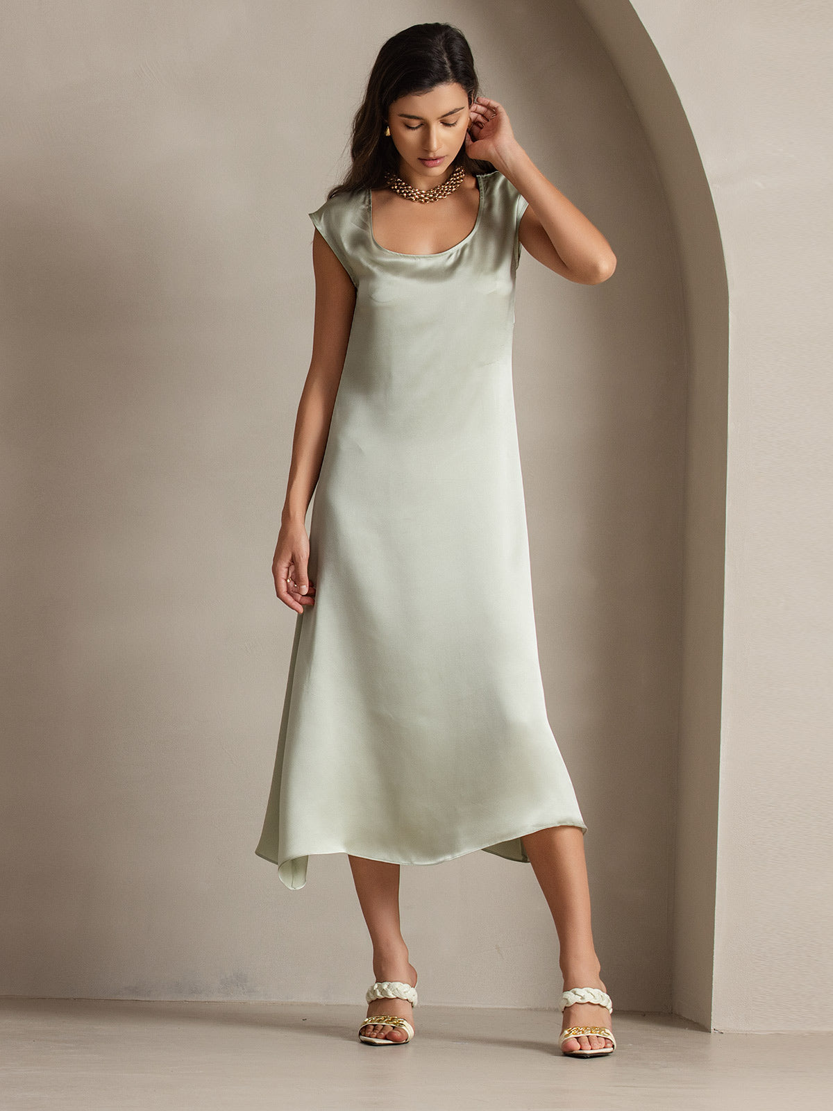 [Light Green] SilkSilky-UK 19Momme Silk Round Neck Dress 003