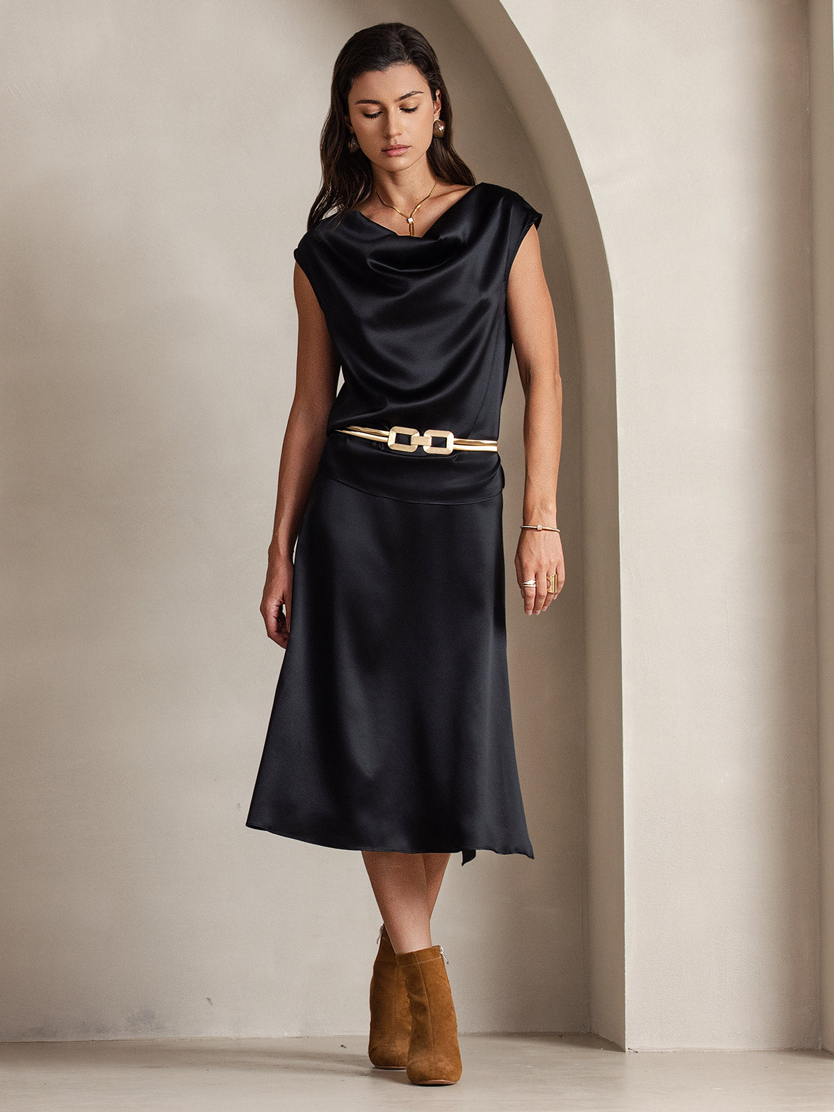 [Black] SilkSilky-UK 19Momme Silk Cap Sleeve Cowl Neck Women's T-Shirt 003