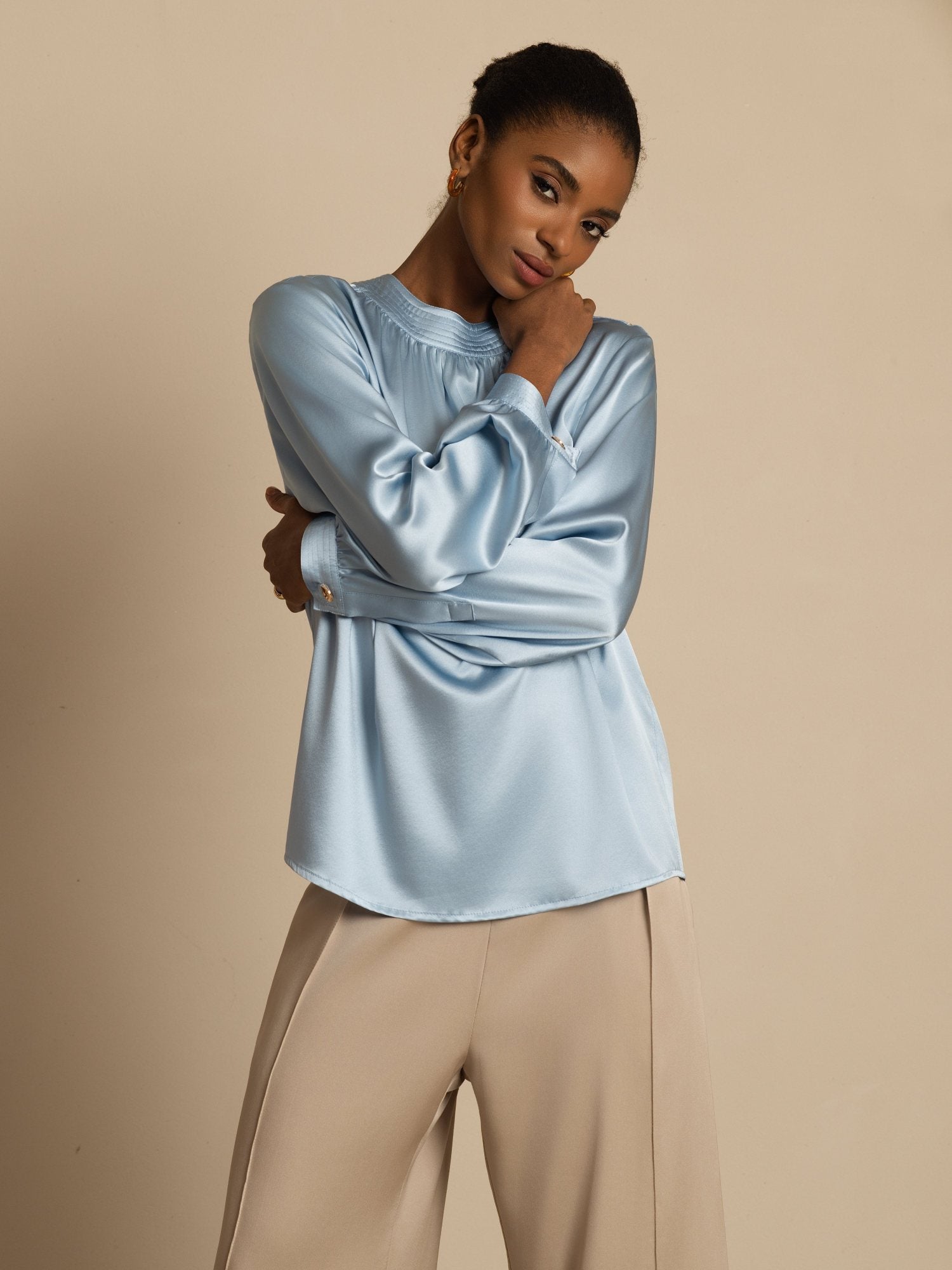 [GrayishBlue] SilkSilky-UK 19Momme Silk Long Sleeve Round Neck Blouse 005