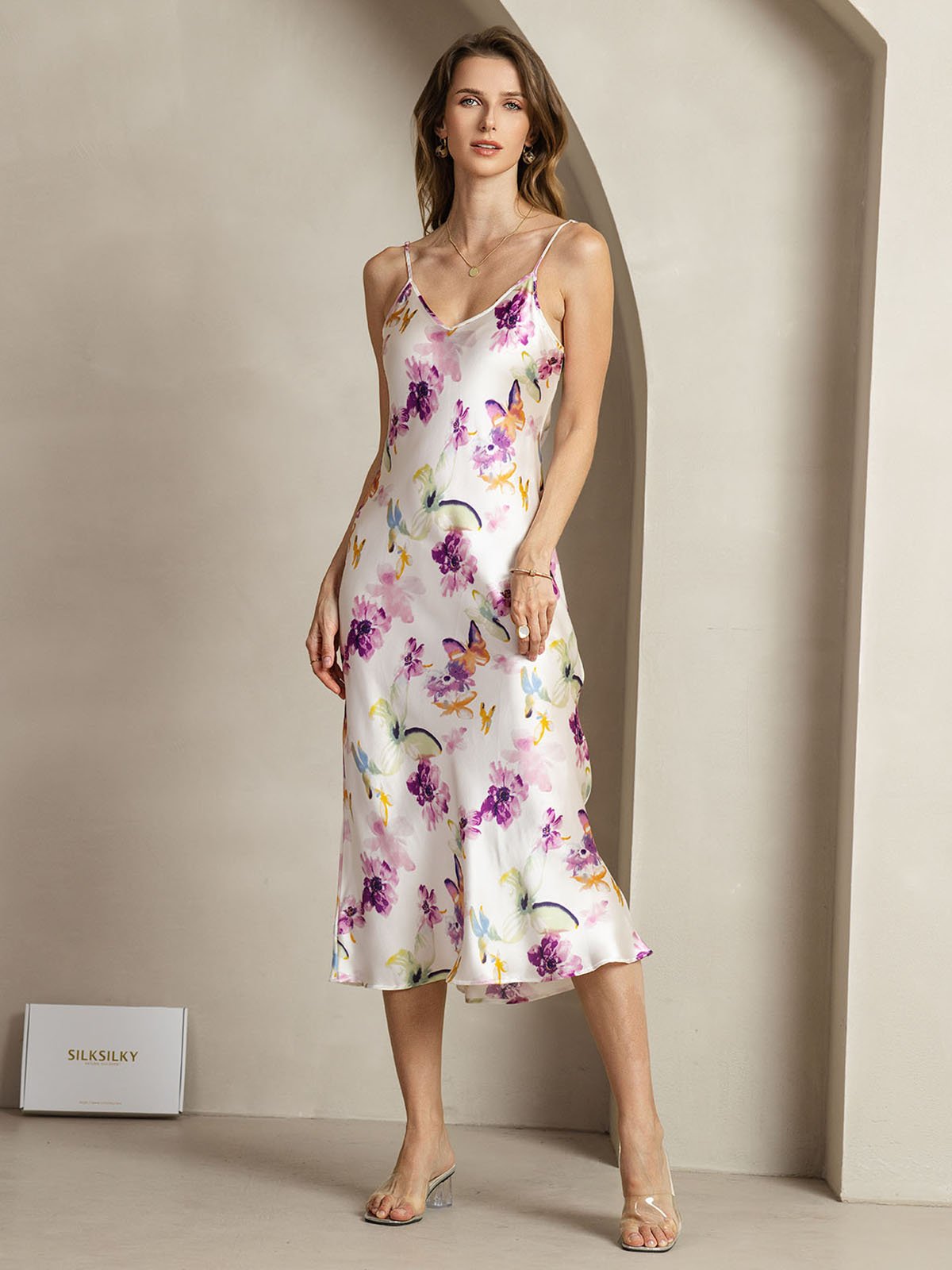 [Watercolor Floral] SilkSilky-UK 19Momme Silk V Neck Dress 003