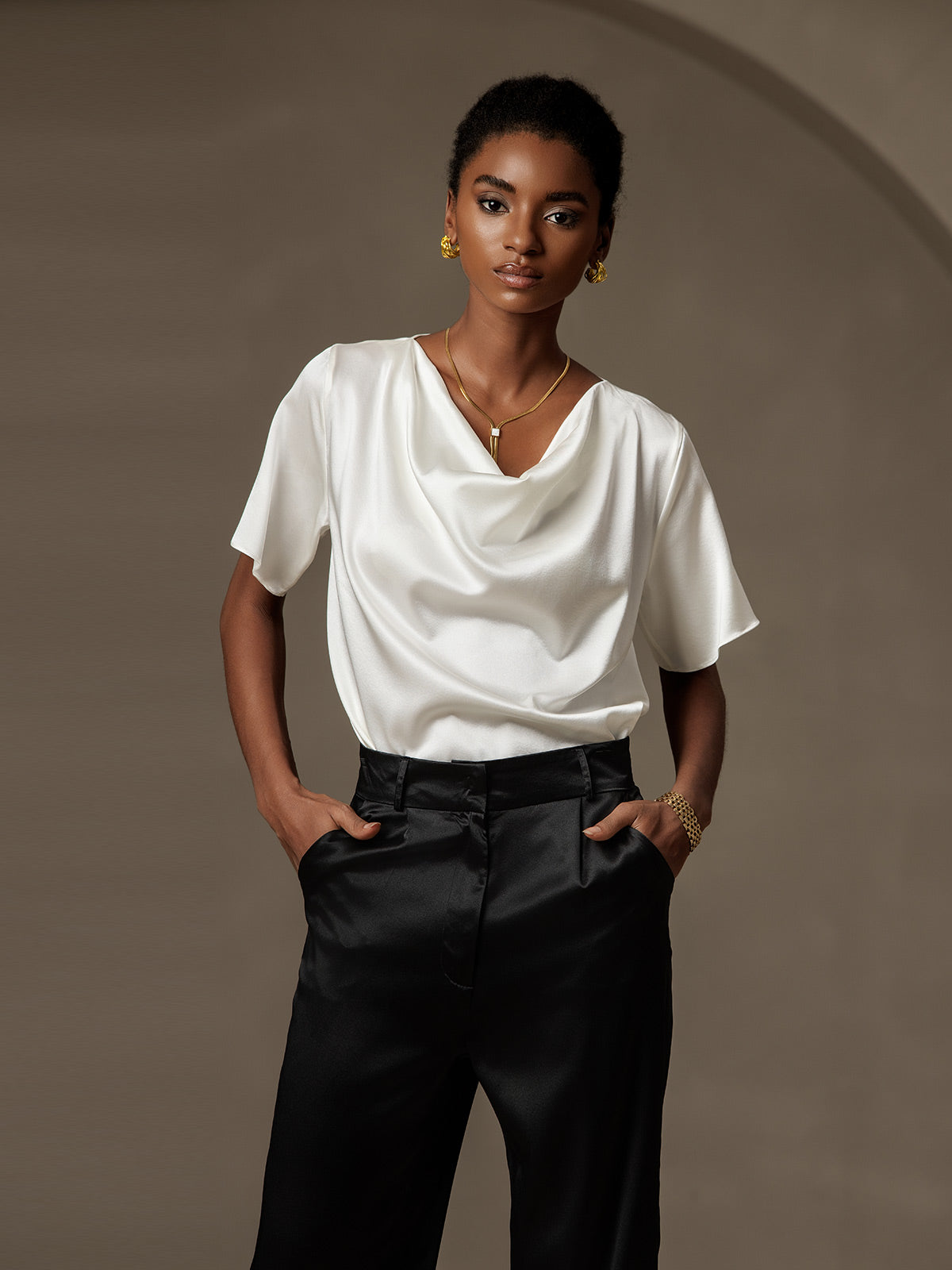 [White] SilkSilky-UK 19Momme Stretch Silk Charmeuse Short Sleeve Cowl Neck Blouse 001