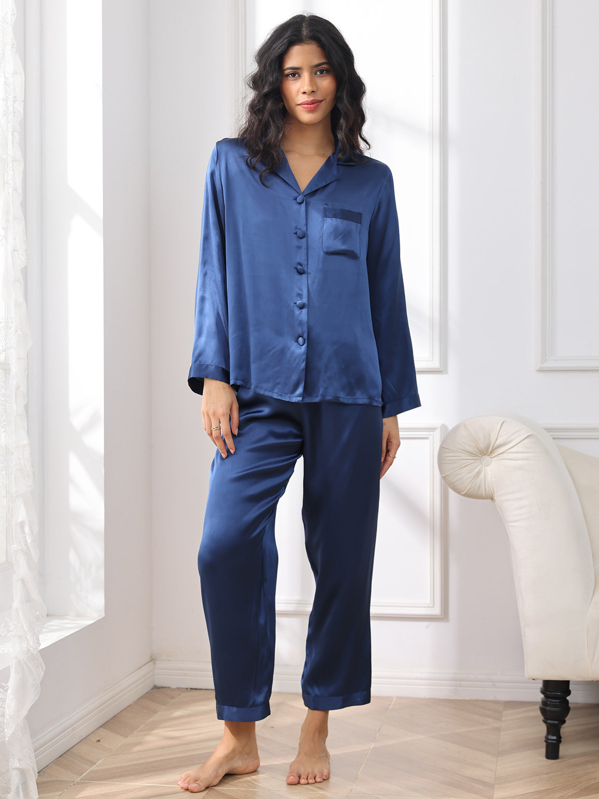 SilkSilky-UK Pure Silk Long Sleeve Lapel Women's Pyjamas DarkBlue 003