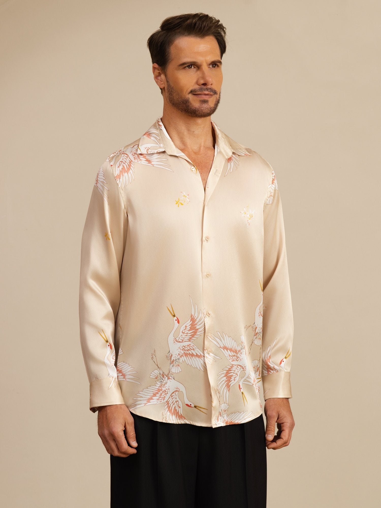 [Champagne] SilkSilky-UK 19Momme Long Sleeve Lapel Collar Men's Shirt 004