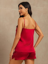 [Wine] SilkSilky-UK 19Momme Machine-Washable Silk Spaghetti Strap Round Neck Camisole Set 002