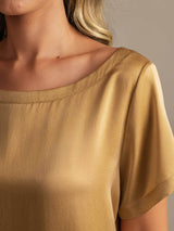 [Tan] SilkSilky-UK 19Momme Machine-Washable Silk Short Sleeve Round Neck Women's Pyjamas 004