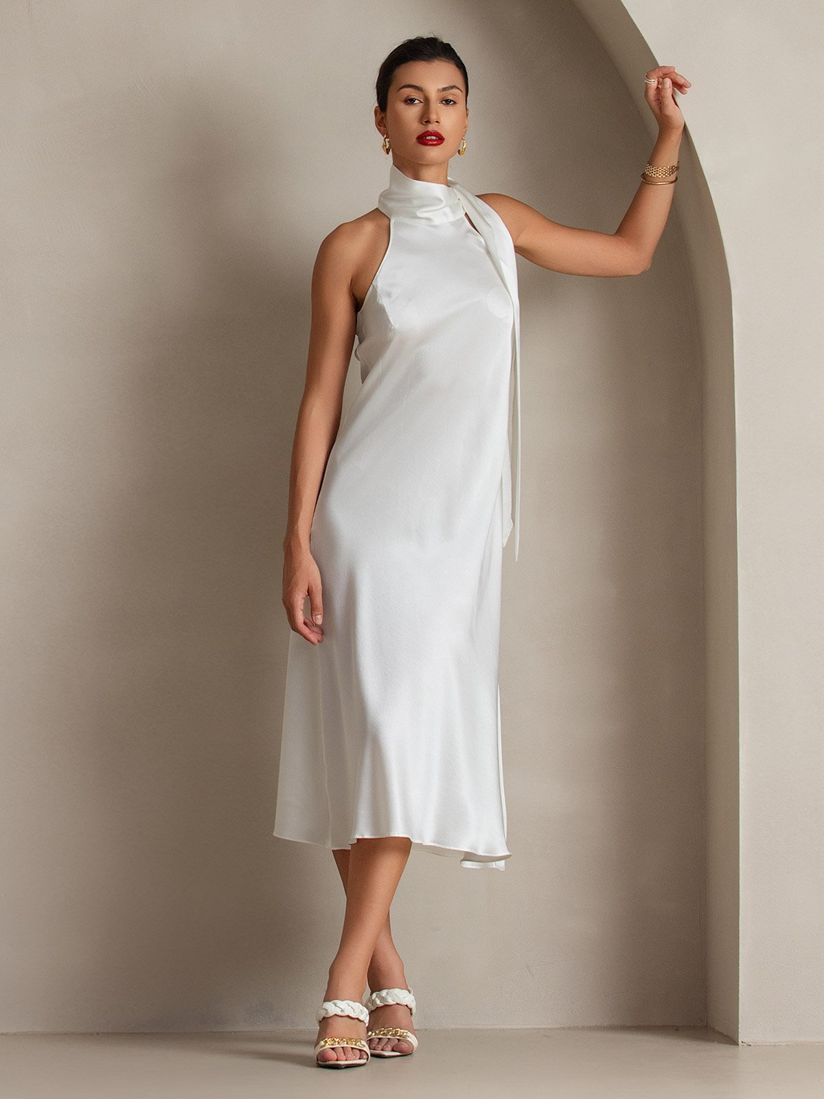 [White] SilkSilky-UK 19Momme Silk Sleeveless Tie Neck Dress 005