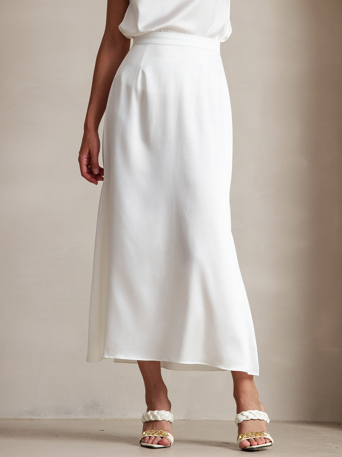 [White] SilkSilky-UK 19Momme Stretch Silk Charmeuse Skirt 001