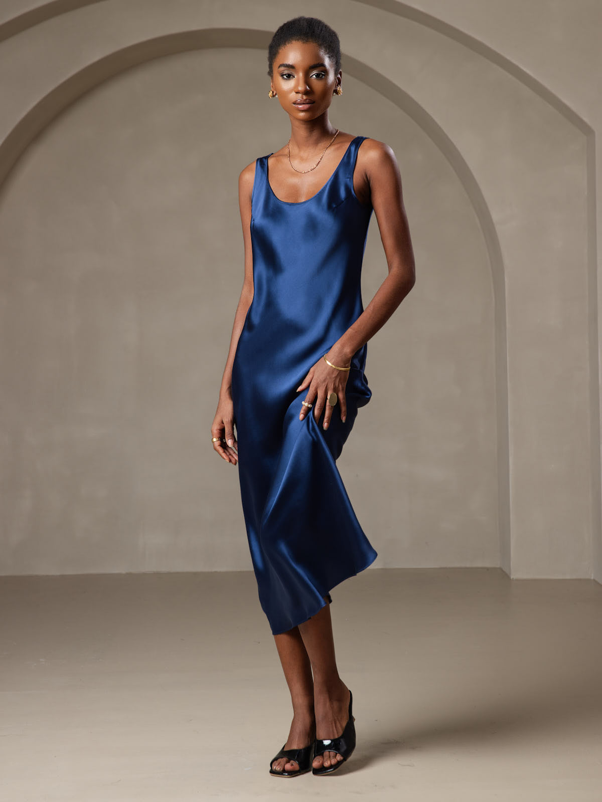 [Dark Blue] SilkSilky-UK Pure Silk Boat Neck Dress 006