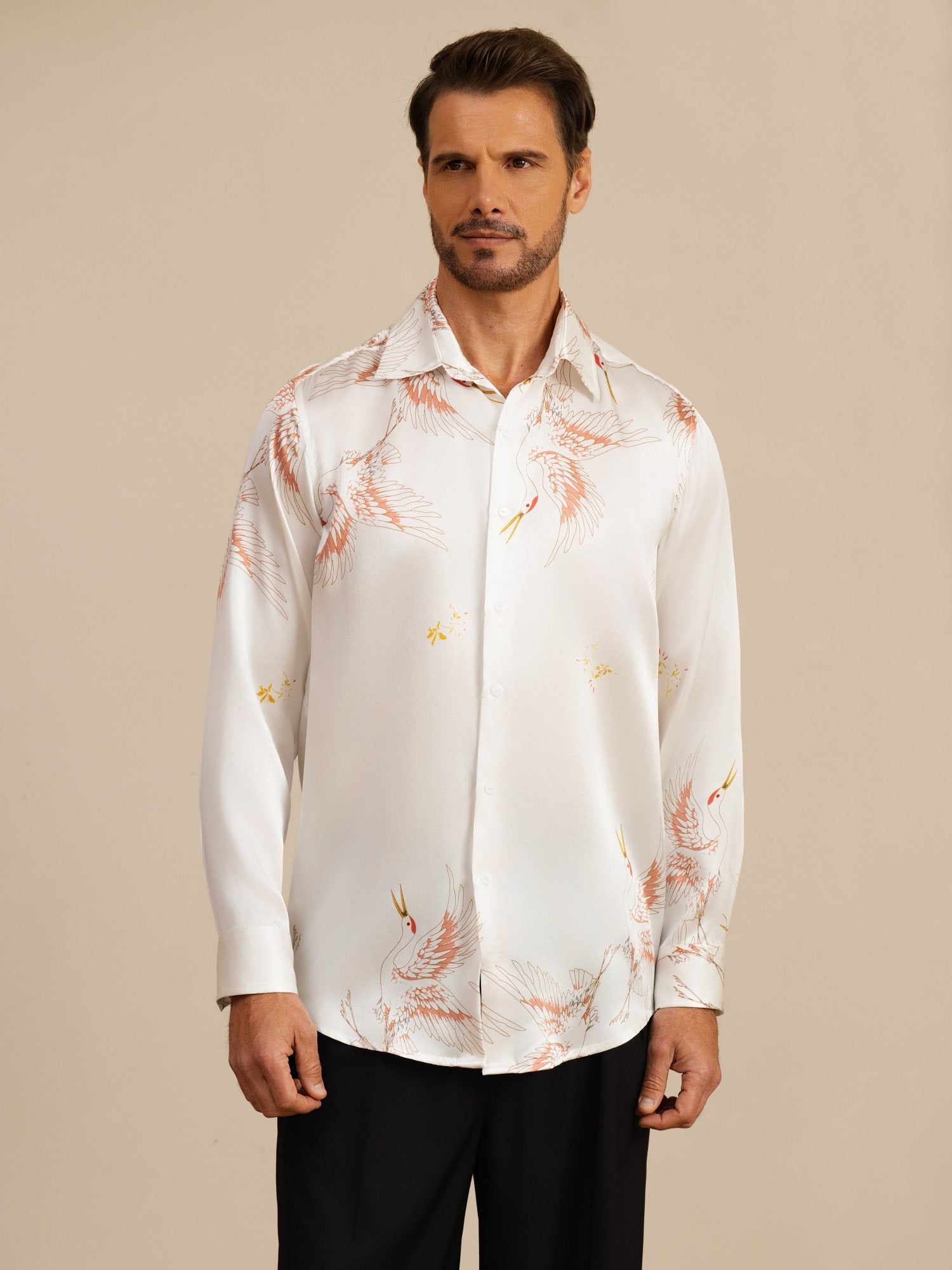 [White] SilkSilky-UK 19Momme Long Sleeve Lapel Collar Men's Shirt 003