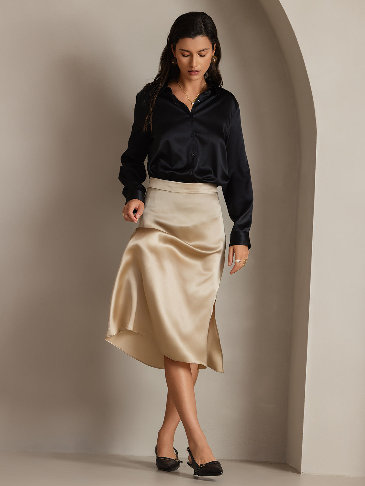 [Black] SilkSilky-UK Silk Long Sleeve Collar Women's Shirt 008