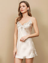 [Beige] SilkSilky-UK Spaghetti Strap V Neck Nightdress 001