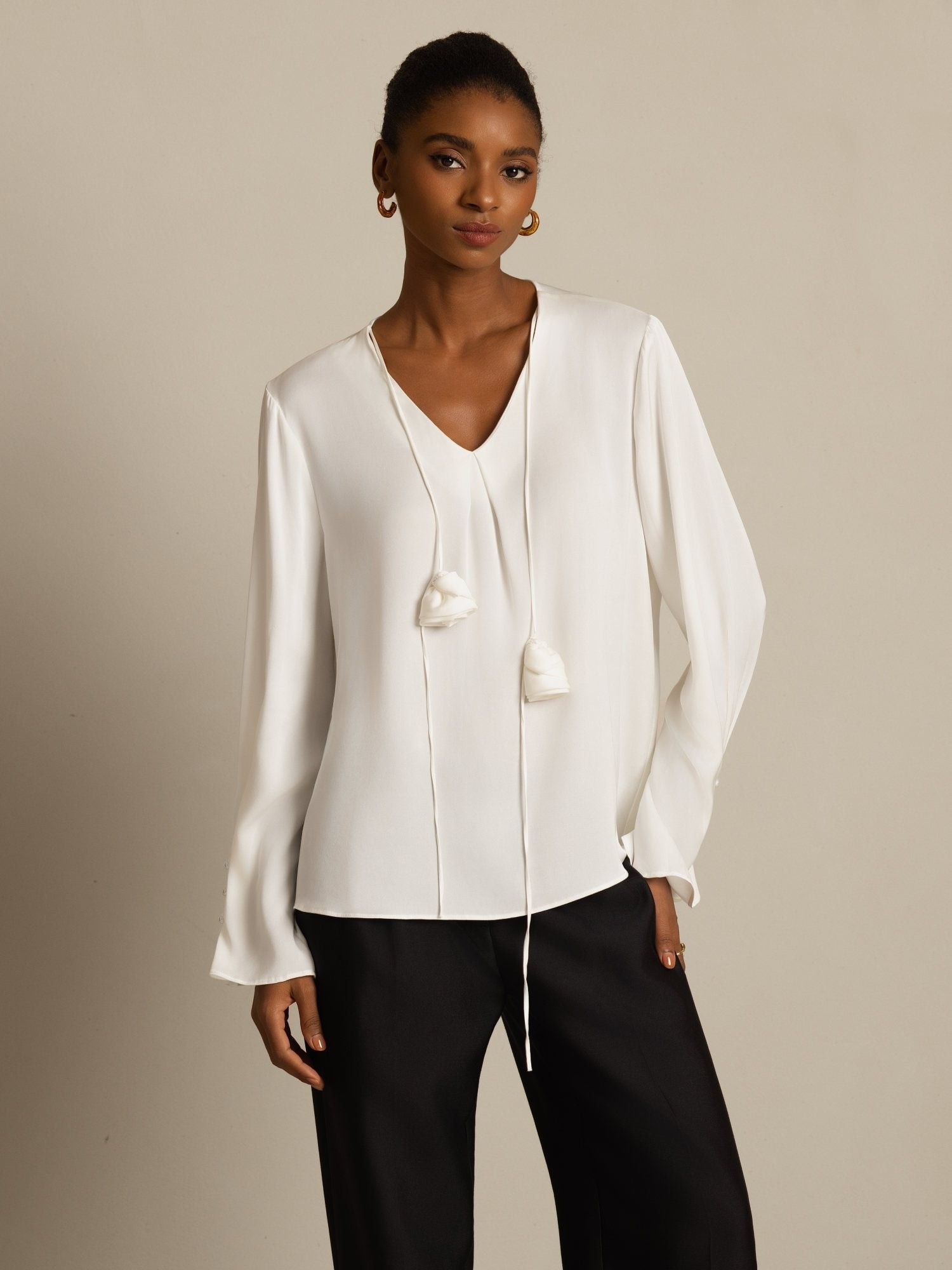 [White] SilkSilky-UK 19Momme Stretch Silk Double Georgette Long Sleeve V Neck Blouse 001