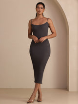 [Gray] SilkSilky-UK Spaghetti Strap Square Neck Dress 001