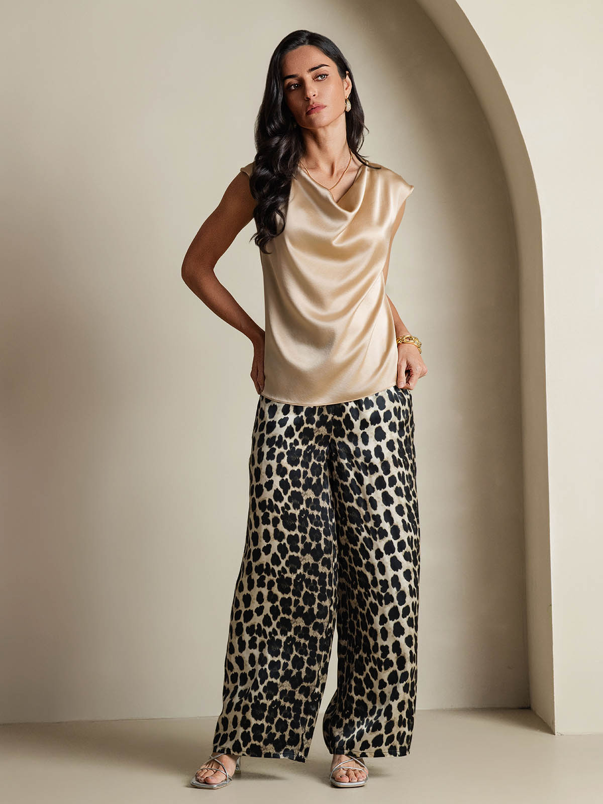 [Champagne] SilkSilky-UK 19Momme Silk Cap Sleeve Cowl Neck Women's T-Shirt 007