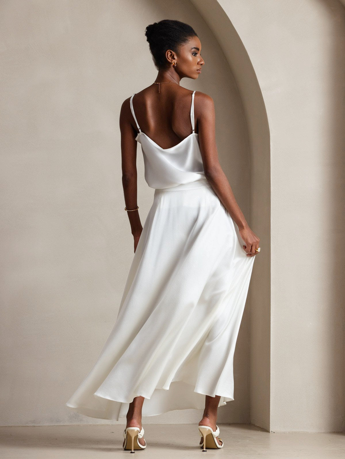 [White] SilkSilky-UK 19Momme Stretch Silk Charmeuse Spaghetti Strap Cowl Neck Camisole 002