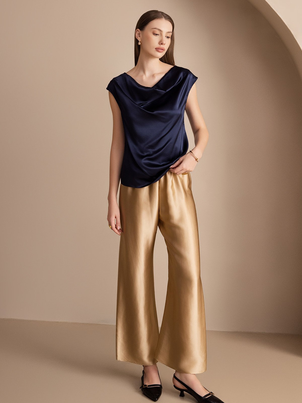 [Dark Blue] SilkSilky-UK 19Momme Silk Sleeveless Cowl Neck Women's T-Shirt 004