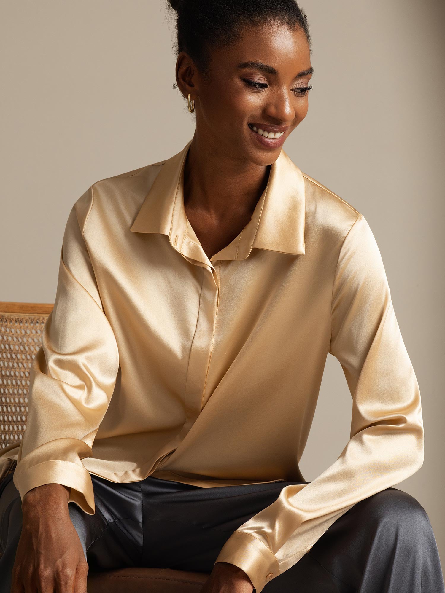 [Champagne] SilkSilky-UK 19Momme Silk Collar Women's Shirt 001