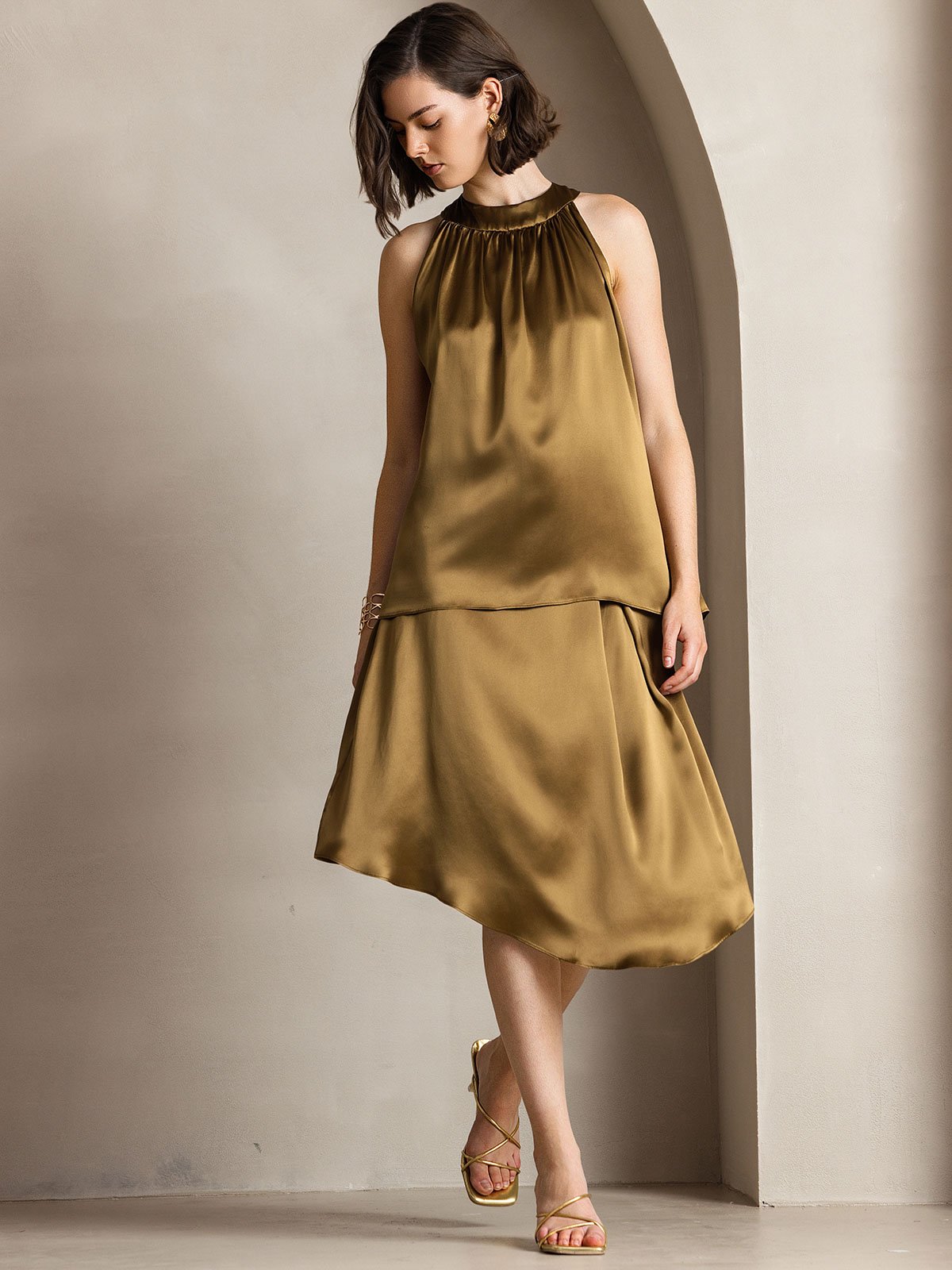 [Brown] SilkSilky-UK 19Momme Silk Sleeveless Halter Neck Women's T-Shirt 004