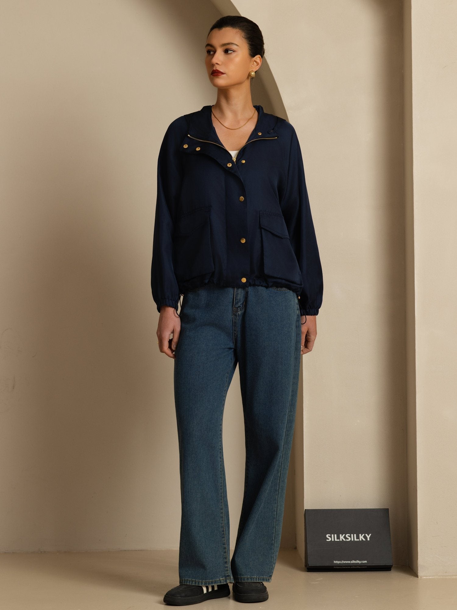 [DarkBlue] SilkSilky-UK Silk Satin Surah Long Sleeve High Neck Women's Outerwear 007