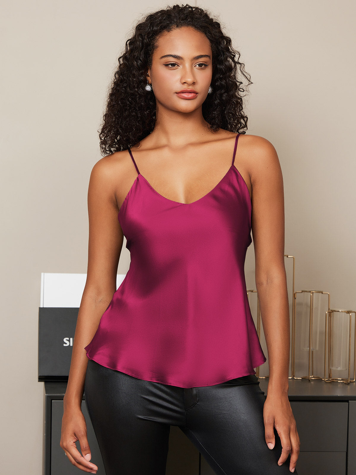 SilkSilky-UK Pure Silk Sleeveless V Neck Camisole Fuchsia 004