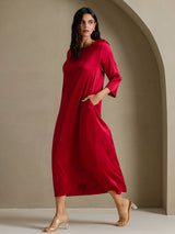[Wine] SilkSilky-UK 3/4 Sleeve Round Neck Dress 007