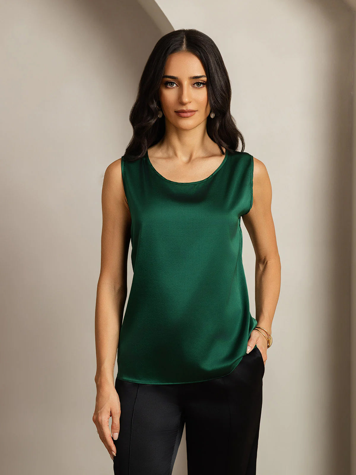 [Dark Green] SilkSilky-UK 19Momme Silk Round Neck Camisole 001