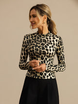 [Leopard] SilkSilky-UK 100% Silk Jersey Long Sleeve Mock Neck Women's T-Shirt 004