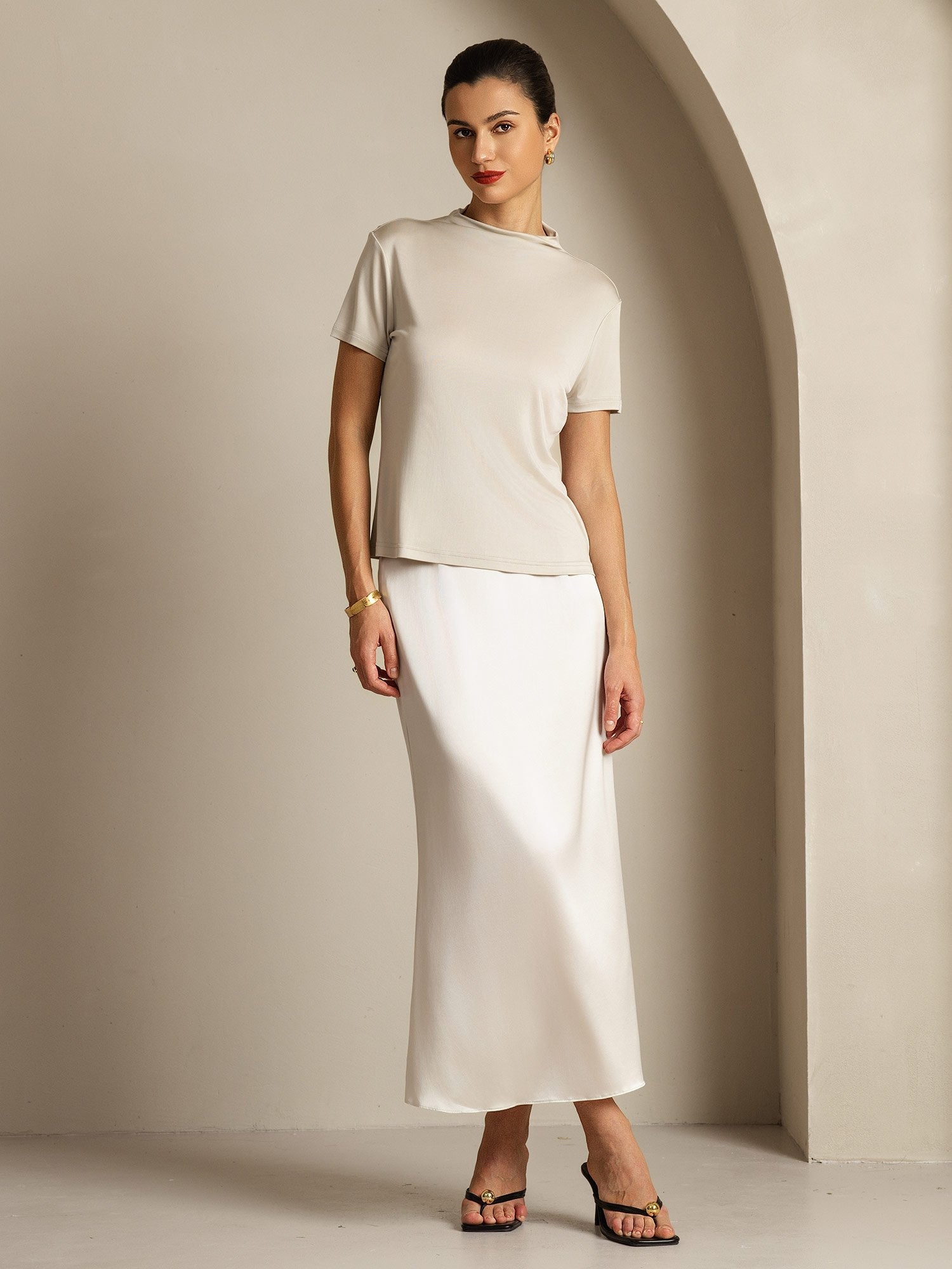 [Gray] SilkSilky-UK Pure Silk Collar Women's T-Shirt 009