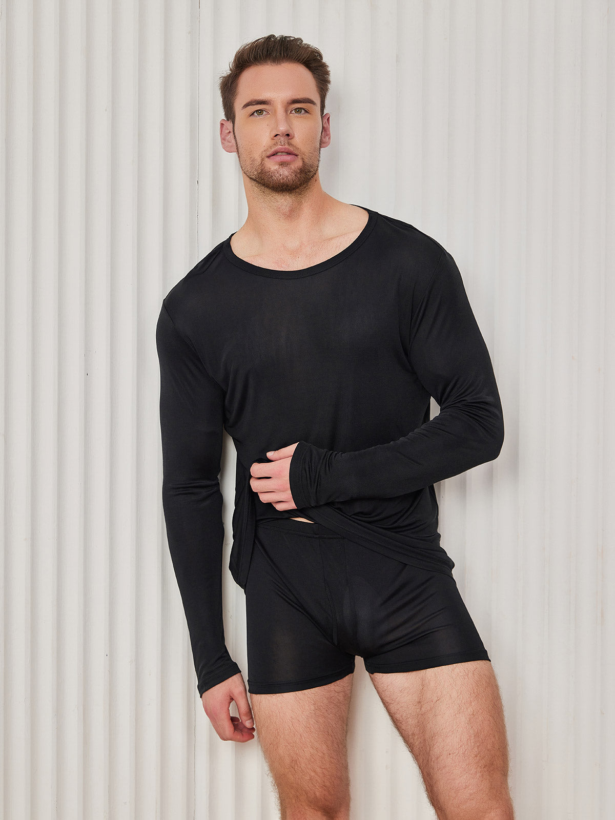 [Black] SilkSilky-UK 100% Silk Jersey Long Sleeve Round Neck Men's T-Shirt 003