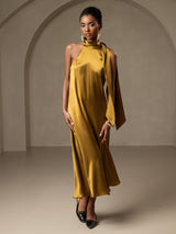 [Brown] SilkSilky-UK Sleeveless Tie Neck Dress 006